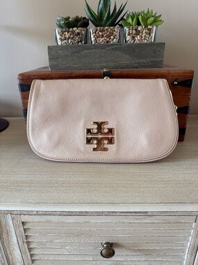 Tory Burch Blush Leather Flap Clutch with Gold Logo